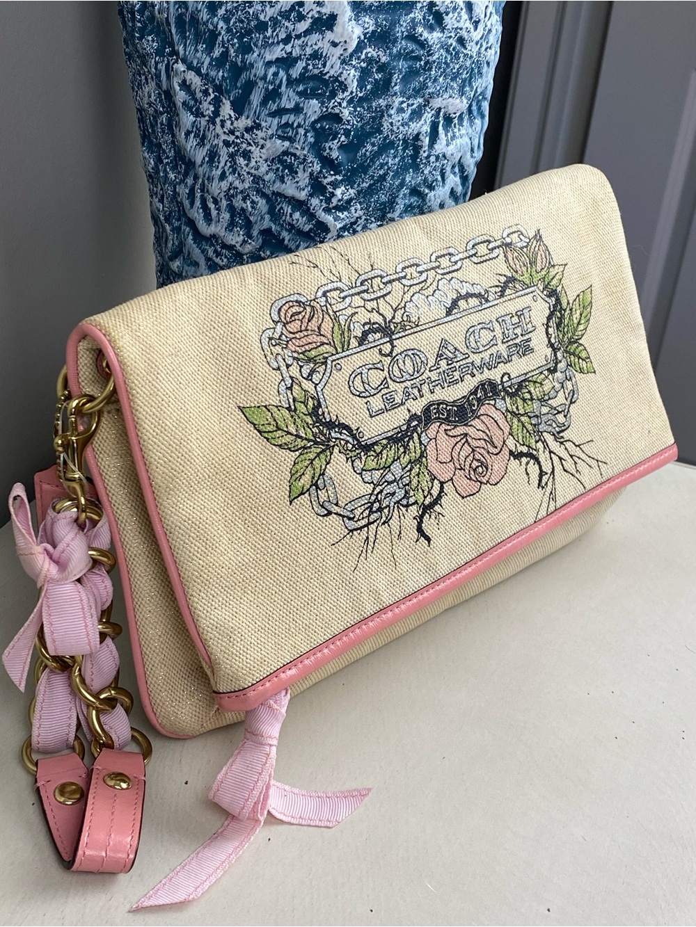 Coach Limited Edition Shimmer Tattoo Rose XL Foldover Clutch - Picture 8 of 16